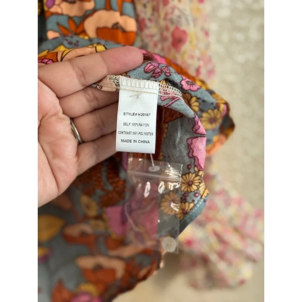 Jodifl Women Floral Patchwork Boho Babydoll Blouse Balloon Sleeve Blue Pink M